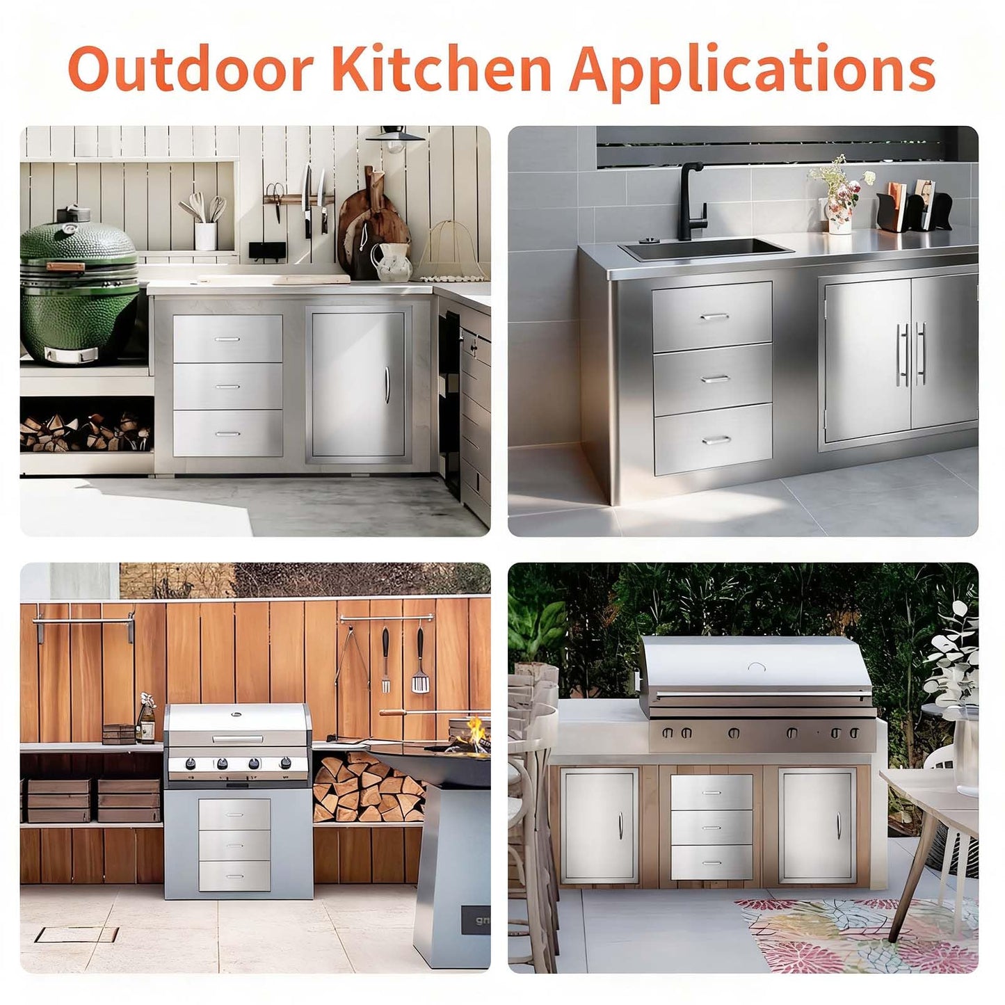 JIEJIN Outdoor Kitchen Drawers Stainless Steel Triple BBQ Island Drawer Flush Mount Outdoor Kitchen Cabinets with Handles with Wheels for Outdoor Kitchens or BBQ Island Patio Grill Station, Silver