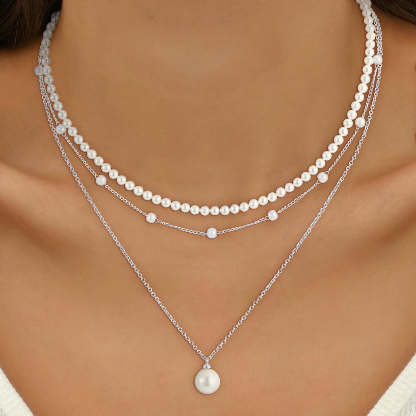 Fezodo Pearl Necklaces for Women Trendy, Dainty Silver Pearl Necklace Simple Layered Pearls Choker Necklace Stack Cute Pearls Wedding Bride Jewelry Silver Layered Necklaces for Women Jewelry Gifts