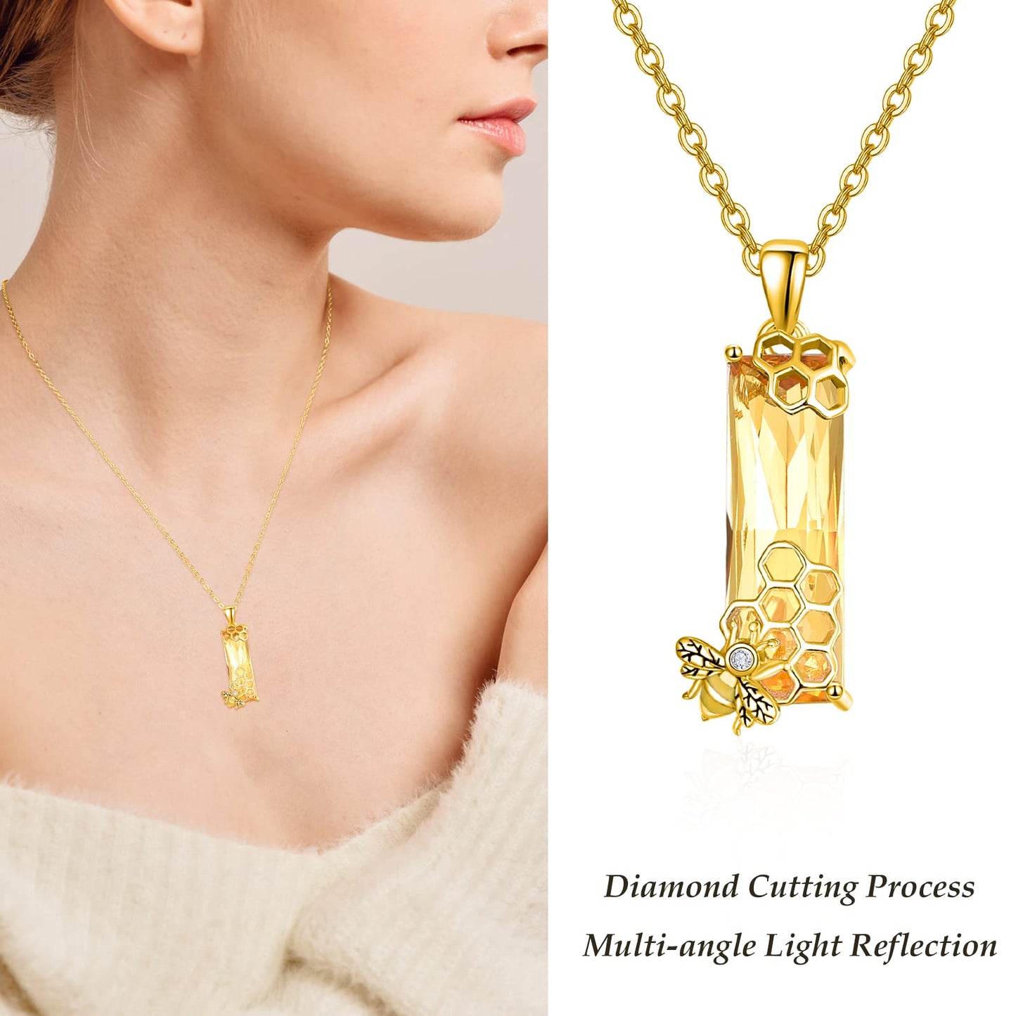 AENEAS Valentines Day Gifts for Women Her Bee Necklaces Sterling Silver Gold Plated Honeycomb Pendant Citrine Jewelry Cute Animal Christmas Gifts for Her Wife Women