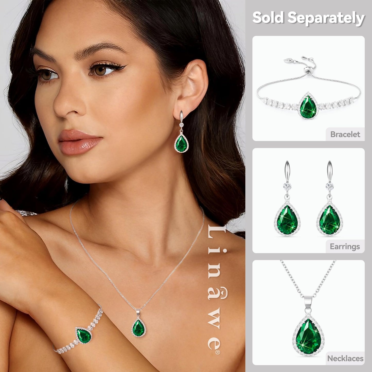 Linawe Emerald Green Crystal Silver Necklace for Women Trendy, Imitation Diamond Pendant Chain Necklace, Cubic Zirconia Birthstone Rhinestone Teardrop Boho Jewelry Set