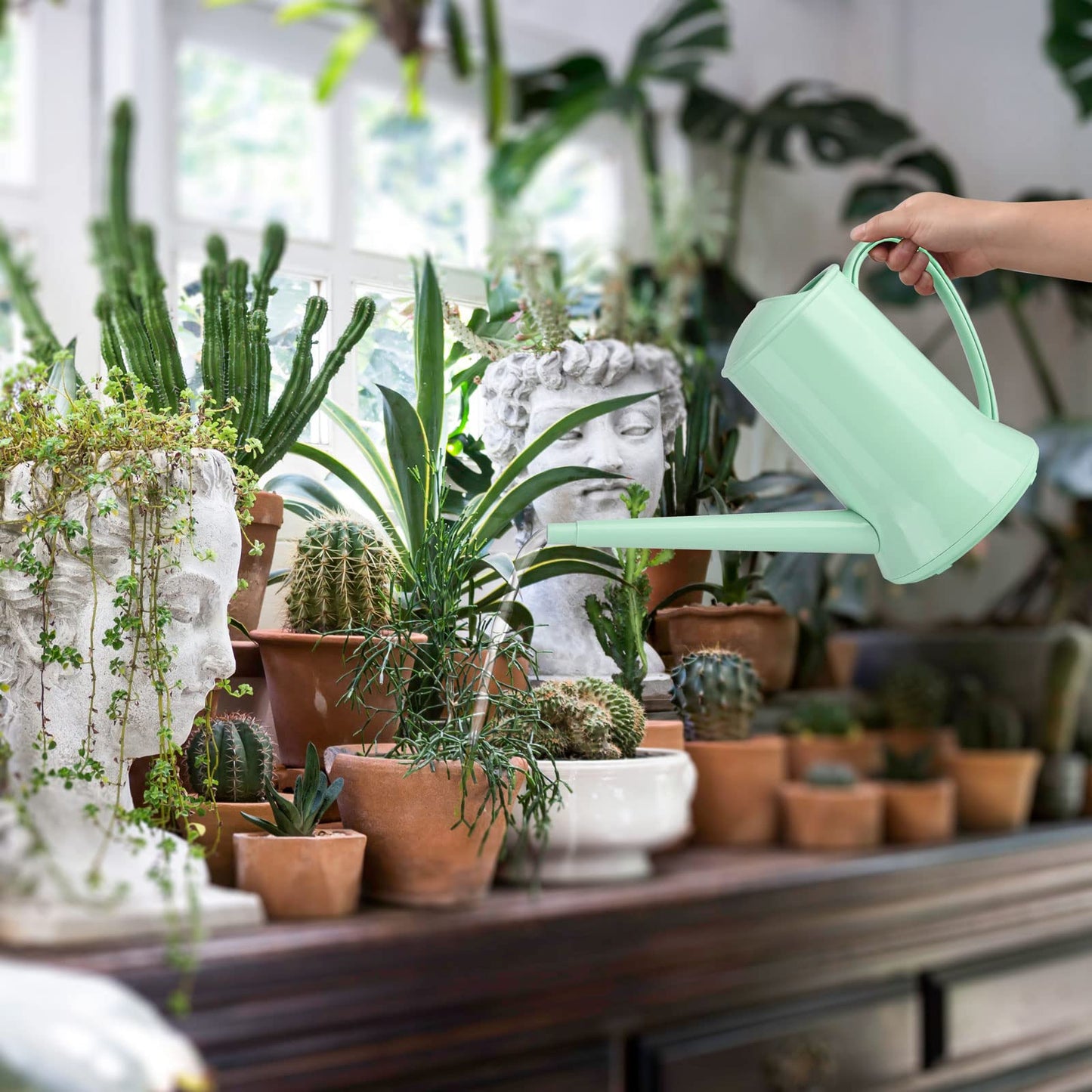 XXXFLOWER 1/2 Gallon Small Indoor Plant Watering Can, 2L Long Spout Removable Nozzle Flower Watering Pot for Office House Indoor Garden（Green, 67 oz）