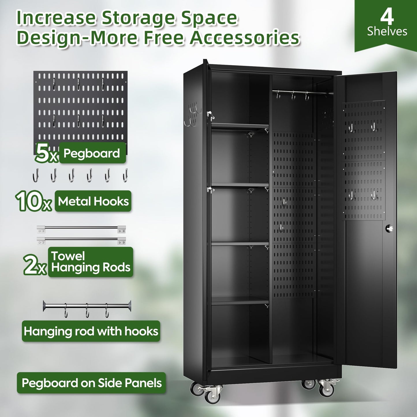 Broom Closet Storage Cabinet with Wheels and Pegboard,Metal Garage Storage Cabinet with Doors and Adjustable Shelves for Garage Home,Required Assembly,Black