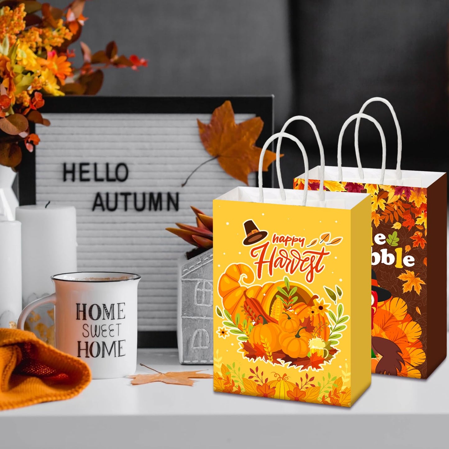Qeeenar 36 Pcs Thanksgiving Gift Bags Fall Turkey Party Favors Pumpkin Turkey Goodie Candy Paper Bags with Handles Autumn Harvest Treat Pouch for Thanksgiving Party Decorations Supplies