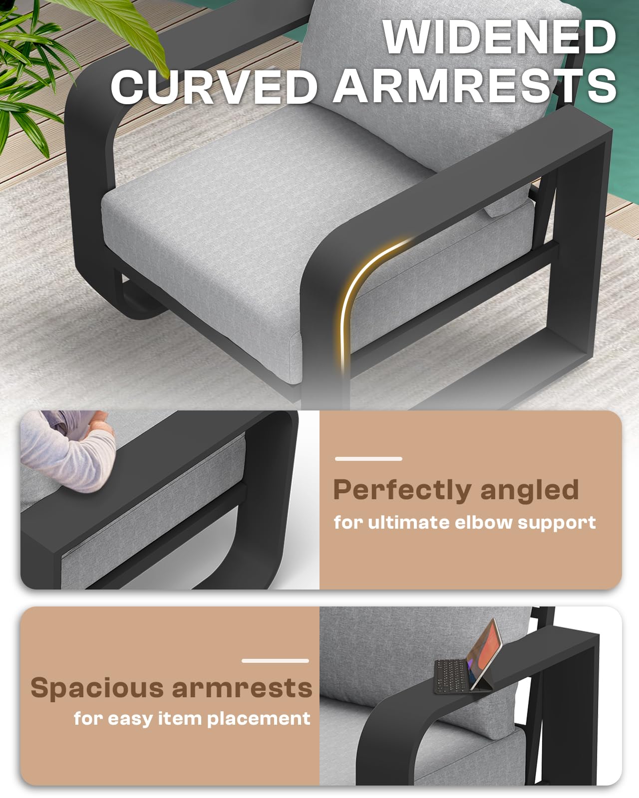 Oasbira Aluminum Outdoor Patio Furniture Set, 5 Piece Oversized Patio Conversation Sets Widened Armrest & Ultra-Thick Cushions, Heavy Duty Modern Sectional Furniture for Backyard, Porch, Gray
