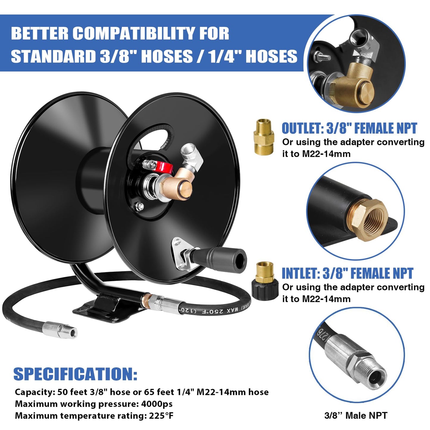 MEKOH Pressure Washer Hose Reel 50ftx3/8” / 65ftx1/4”, 4000PSI Heavy Duty Power Washer Hose Reel with M22-14 Fitting, Hand Crank Metal Reel with Wall/Trailer/Van Mount, Manual Hose Reel for Water