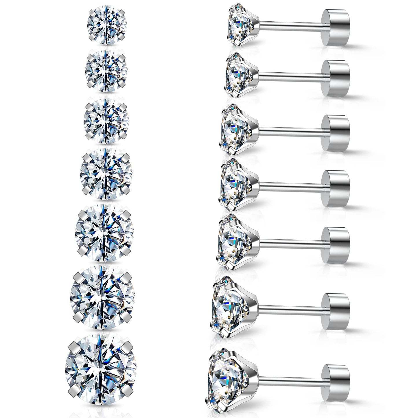 Silver Gold Black Stud Earrings Set 7Pairs Hypoallergenic Cubic Zirconia Titanium Stainless Steel Silver Rose Gold Black Cartilage Stud Hoop Earrings Jewelry Sets for Women Men, 2-8mm CZ Stud Earrings