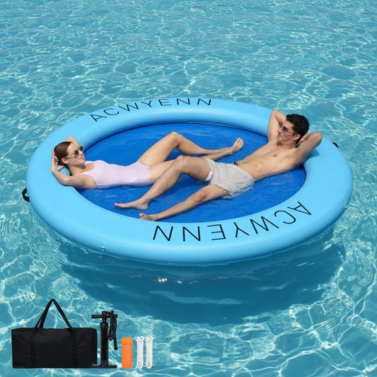 ACWYENN Inflatable Water Hammock Floats for Adults Round Floating Ring Hammock for Lake Pool Beach (8FT Blue)