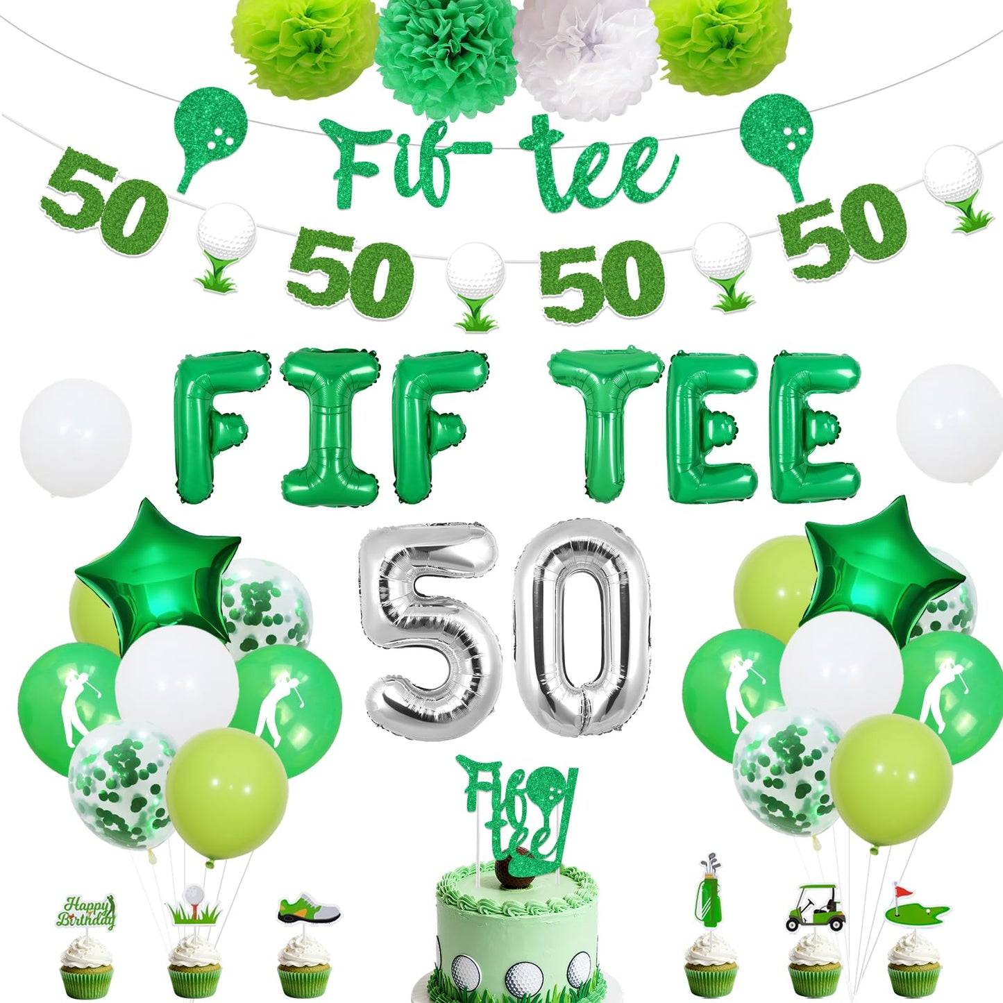 Golf 50th Birthday Party Decorations Fiftee Golf Banner Fif Tee Cake Topper Golf Theme Cupcake Toppers Garland Pom Poms for Women Men Sports 50th Birthday Party Supplies