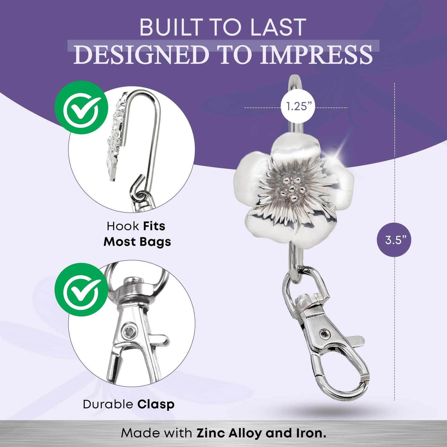 Women’s Bag Charm Key Finder, Car Keychain Hook, Cute Purse Organizer & Tote Bag Accessories, Gifts for Mom - Silver Floral