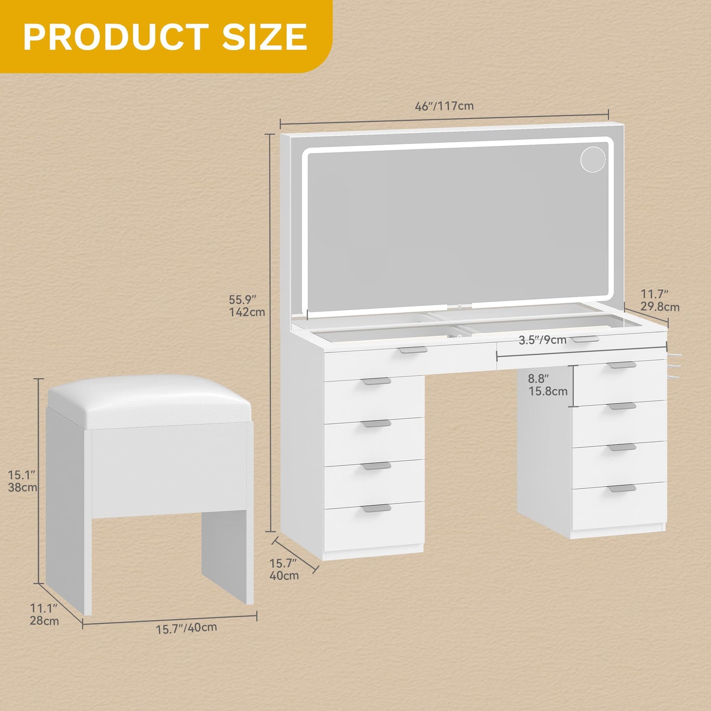 DWVO Vanity Desk Set with Mirror & Power Outlets, Vanity Table with 3 Dimmable Light Colors, 10 Drawers, Hair Dryer Rack – Modern Makeup Table with Hidden Storage Stool