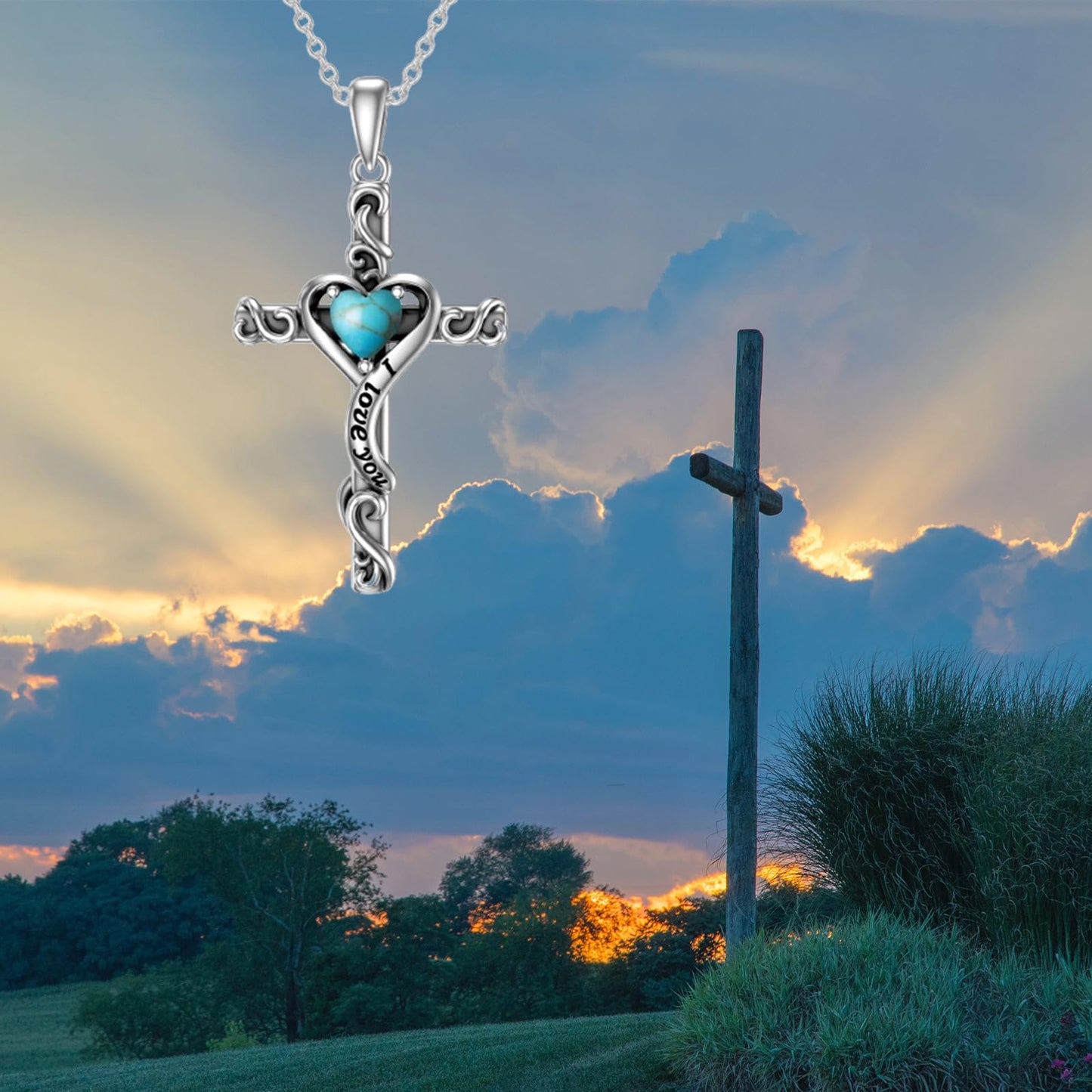 TOUPOP Turquoise Cross Necklace for Women Sterling Silver December Birthstone Cross Pendant Necklace Heart Love Jewelry for Her Girlfriend Wife Mom Anniversary Birthday Mothers Day Gifts