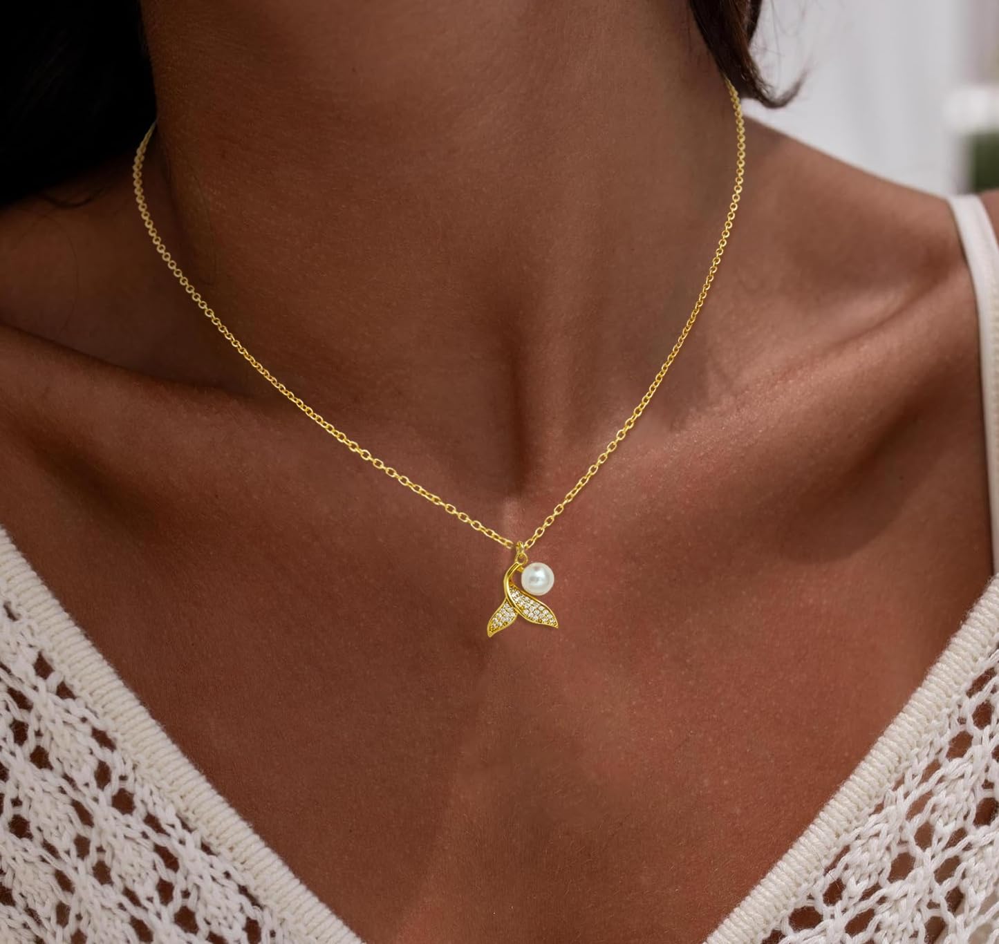 JOBICY Gold Necklaces for Women Trendy, 14k Gold Plated Fishtail Choker Pendant Necklace Dainty Gold Pearl Necklace for Women Beach Necklace Waterproof Summer Jewelry Gifts