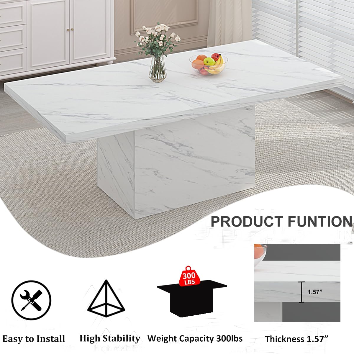 HSH 71” White Faux Marble Dining Table, Rectangle Modern Dinner Kitchen Table for 6-8, Farmhouse Long Kitchen Furniture for Living Room, Industrial Wood Dining Room Table with Sturdy Base