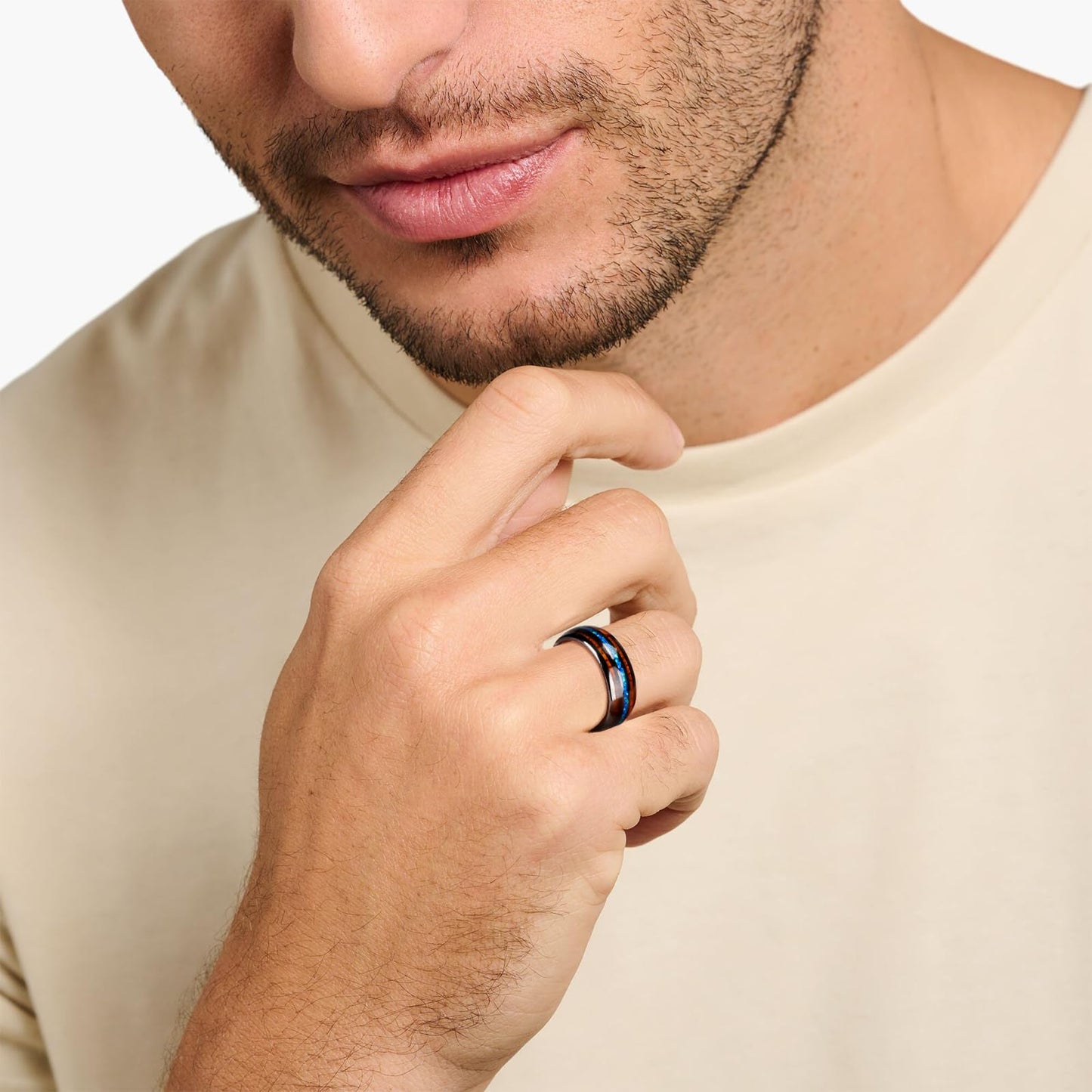 JEWPER 8mm Men Womens Wedding Band Tungsten Rings dark gun black Fashion Promise Carbide Inlaid blue opal koa Matte Finish Edge Comfort Fit Size(11)