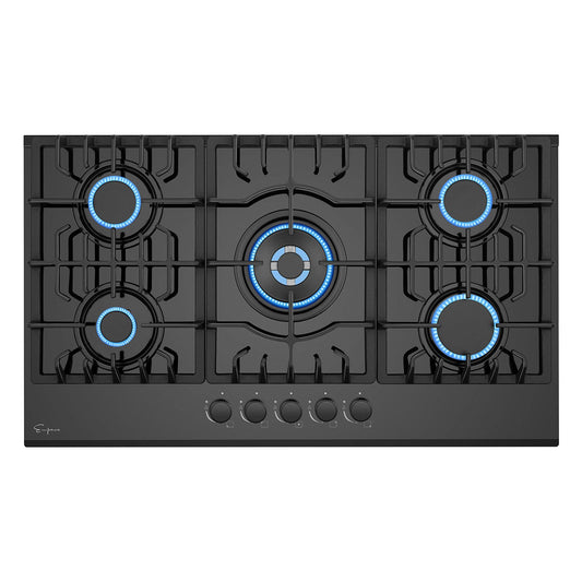 Empava 36 Inch Gas Stove Cooktop 5 Italy Sabaf Sealed Burners NG/LPG Convertible in Black Tempered Glass