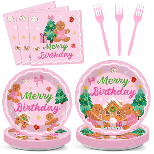 96 Pcs Gingerbread Birthday Party Plates Napkins Tableware Set Pink Christmas Party Supplies Disposable Dinnerware Merry Birthday Decoration Favors for Winter Xmas Baby Shower Holiday, 24 Guests
