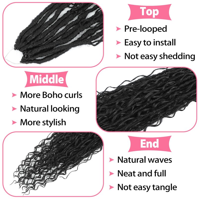 Boho Faux Locs Crochet Hair 18 Inch Goddess Locs 8 Packs Boho Soft Locs Crochet Hair with Curly Ends Pre-looped Long Bohemian River Locs for Black Women (1B, 18 Inch(Pack of 8))