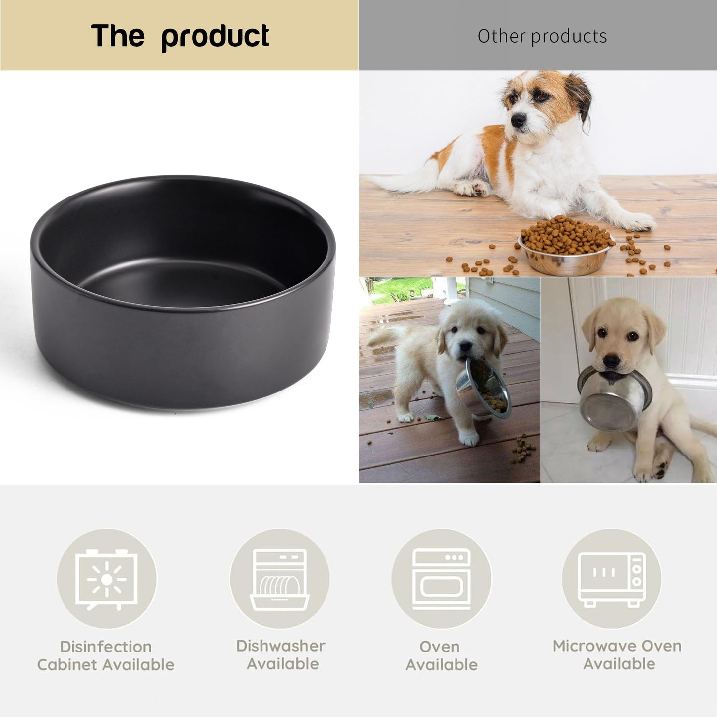 Mowtanco Black Ceramic Dog & Cat Bowl Set – 13.5 OZ with Wooden Stand, Non-Slip, Elevated Design for Small Dogs & Cats – 2 Bowls (Food & Water, Ceramic Pet Bowls, Modern Dog Bowls)
