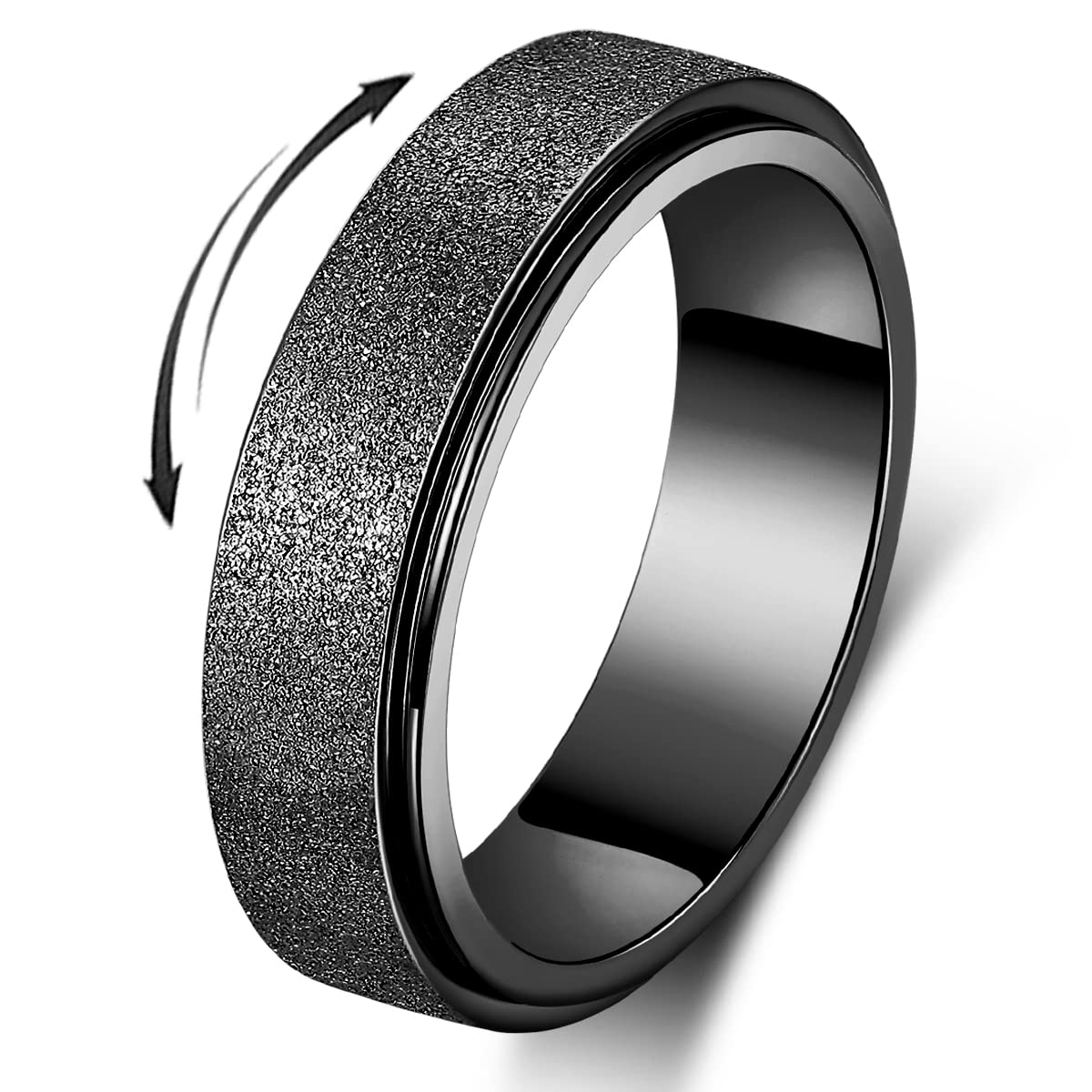 Titanium Stainless Steel Fidget Spinner Anxiety Ring for Women Men Black Size 7 Width 6MM Sand Blasted Finish