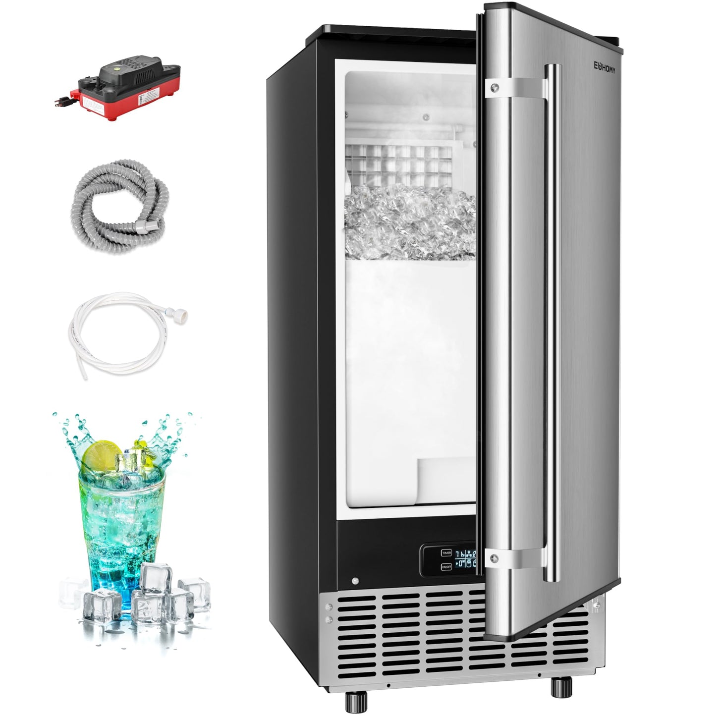 EUHOMY Under Counter Ice Maker with Drain Pump, 90 lbs/Day Ice Machine, Auto-Cleaning & 24H Timer, Stainless Steel Commercial Ice Maker with 24 lbs Storage for Home/Bar/Cafe/Restaurant
