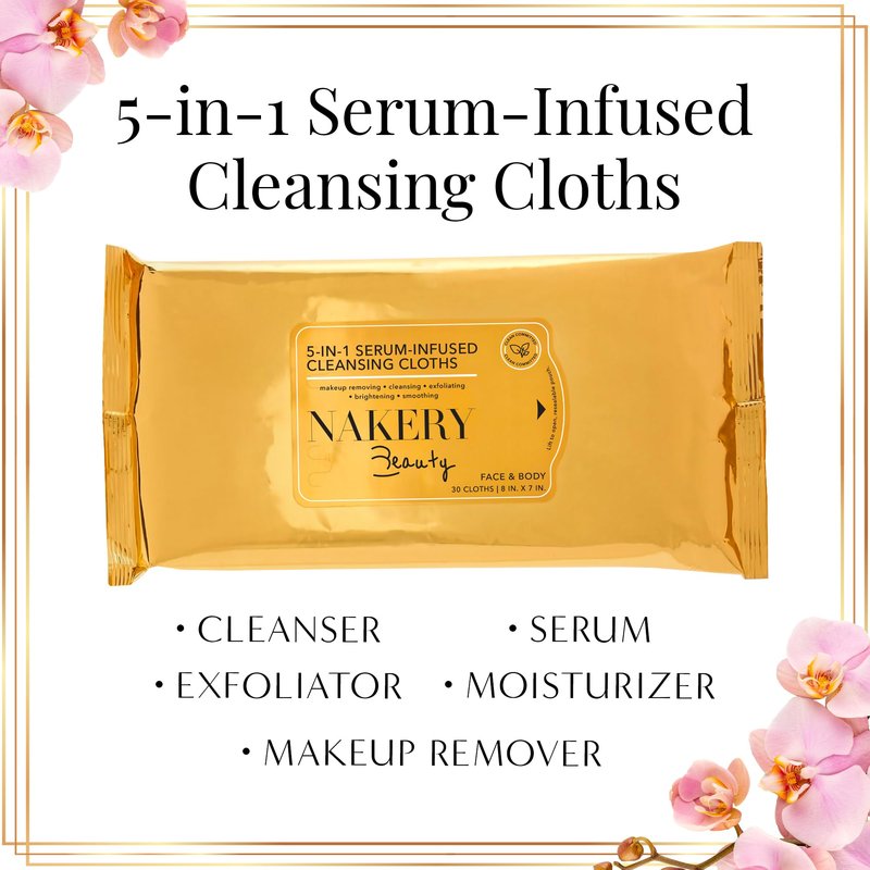 Nakery Makeup Remover Wipes for Face, 5-in-1 Infused Cleansing Towelettes, Gentle Exfoliating Wipe for Women, Eye Makeup Eraser for Sensitive Skin, Anti Aging Skincare, Hydrating Formula