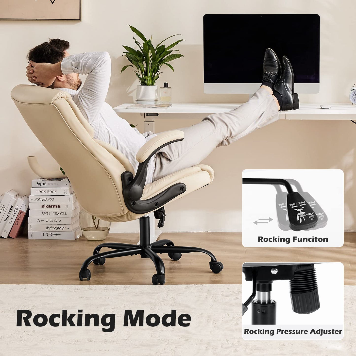 Office Chair - Ergonomic Executive Computer Desk Chairs with Adjustable Flip-up Armrest, Swivel Task Chair with Lumbar Support, Strong Metal Base, PU Leather, White