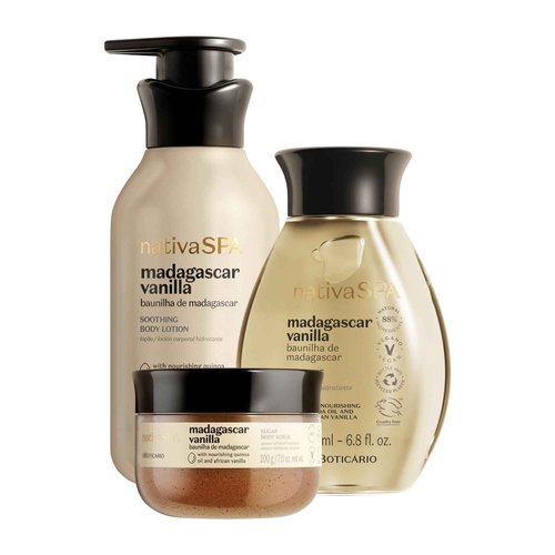 Nativa SPA by O Boticário, Vanilla Soothing Body Care Bundle: Madagascar Vanilla Body Lotion, Body Oil and Body Scrub