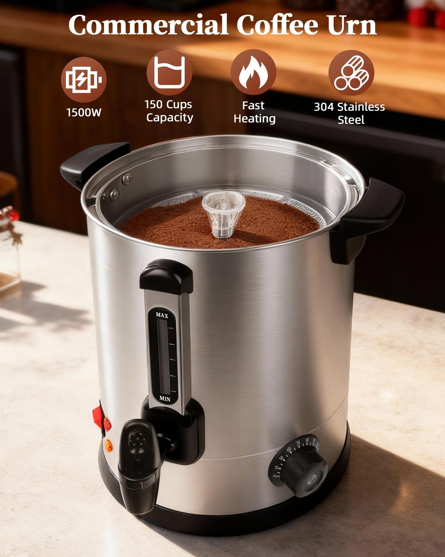 Xeoca Commercial Coffee Urn, 100 Cup Coffee Maker and Hot Water Urn, 1500W Fast-Brewing Percolator for Business, Parties, Catering, and Large Gatherings (100 Cups)