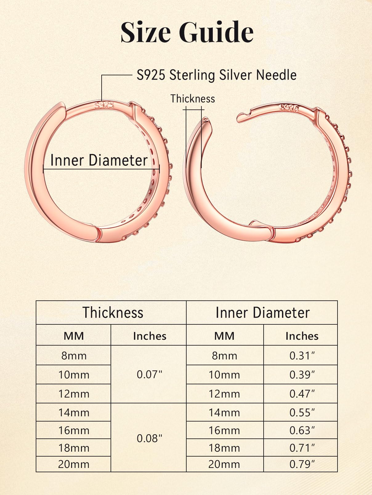 FaithHeart Cubic Zirconia Hoop Earrings for Women, Rose Gold Hypoallergenic Huggie Hoop Earrings, Small Cartilage Earrings for Women 16mm, Send Gift Box
