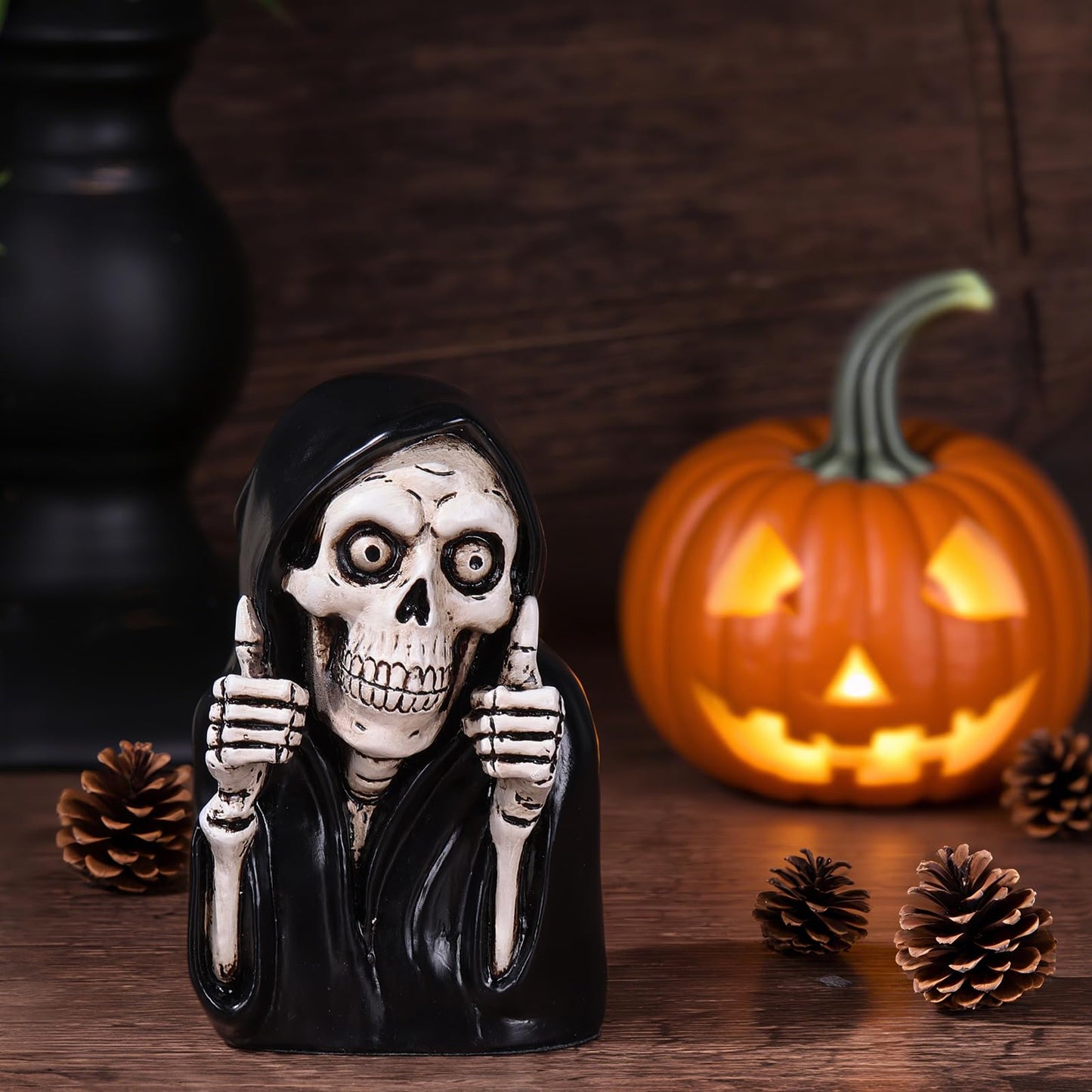 Funny Skeleton Figurine- 3.9inch Gothic Grim Reaper Skeleton Knick Knacks,Thumbs Up Mini Skull Figurines,Resin Punk Halloween Home Decor Statue,Retro Death Figurine Dark Humor Gifts for Women