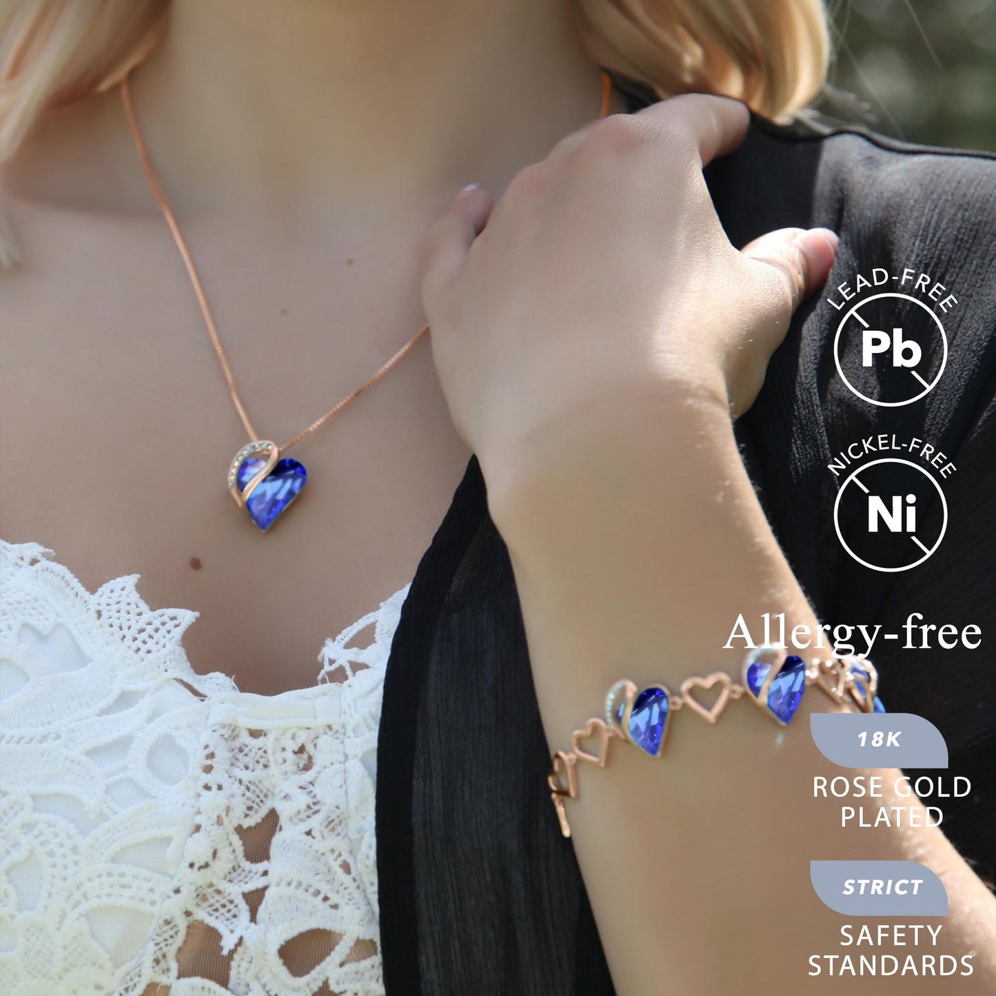 Leafael Gifts for Women Rose Gold Plated Necklaces: Heart Sapphire Blue Crystal, September Birthstone, Hypoallergenic Chain (18"+2"), Birthday Jewelry for Mom, Wife, and Girlfriend