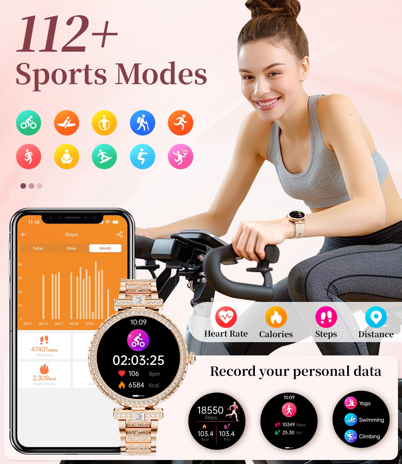 ESFOE Smart Watches for Women,1.19” AMOLED Smart Watch Women Answer Make Calls,IP68 Waterproof Fitness Tracker,Heart Rate Sleep Monitor,100+ Sports Pedometer Watch for Android iOS Phone,Gift,Rose Gold