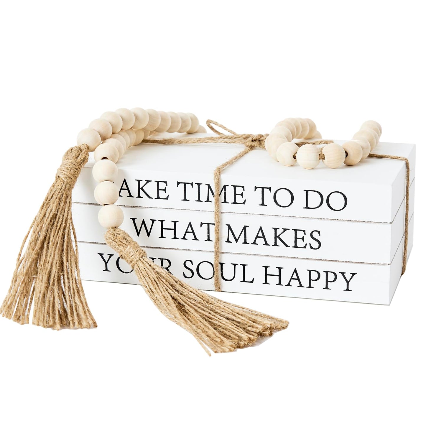 Decorative Books for Home Decor, White Faux Books for Decoration, Rustic Farmhouse Stacked Display Books with 52in Wood Bead Garland for Coffee Tables Living Room (TAKE TIME to DO)