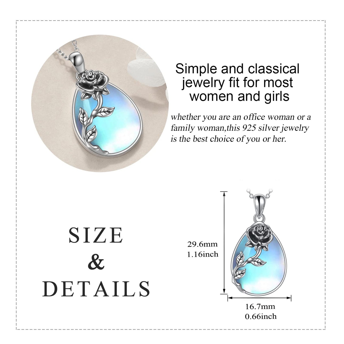 YAFEINI 925 Sterling Silver Moonstone Necklace Rose Flower Filigree Teardrop Pendant Necklace Jewelry Gift for Women (F-Rose Flower Moonstone)