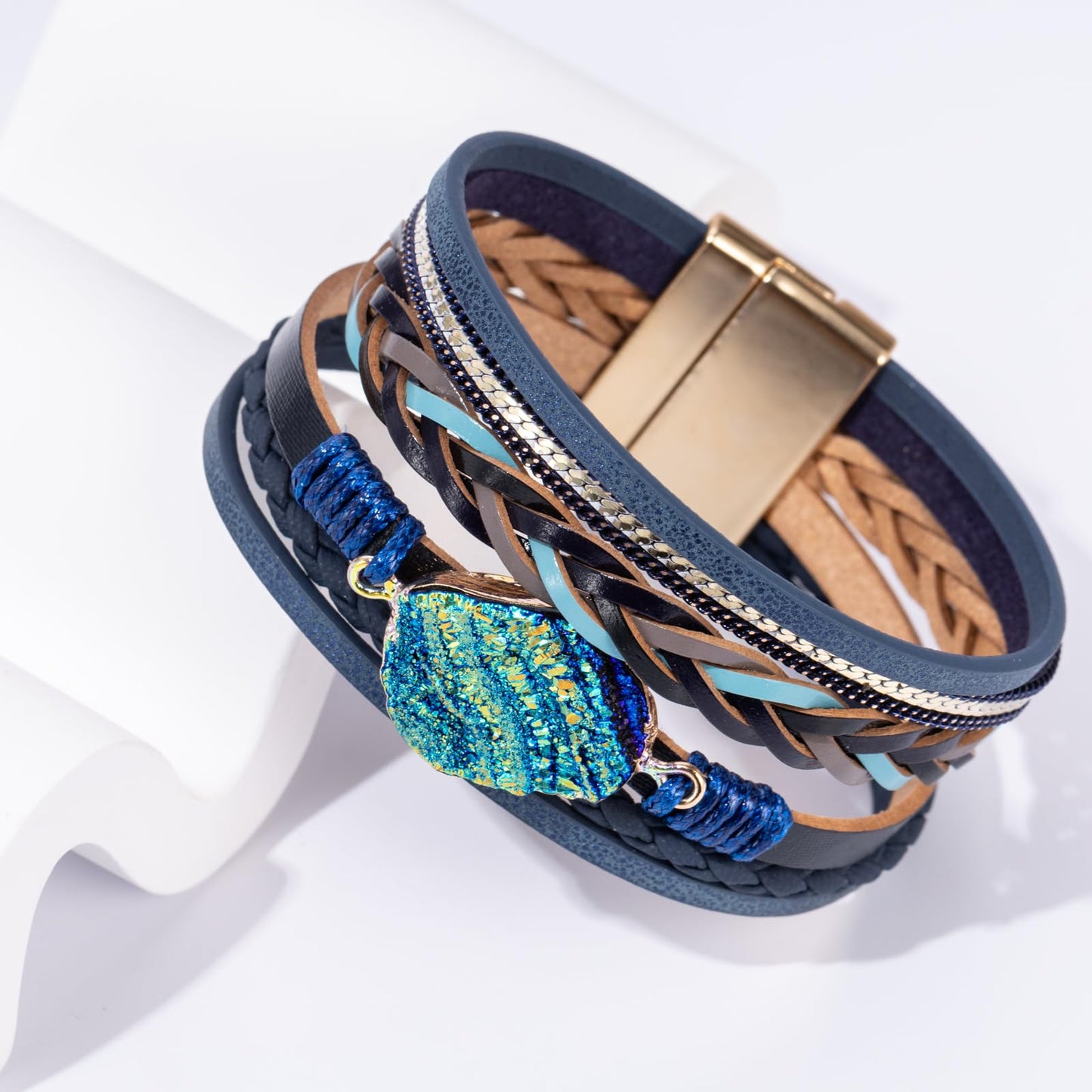 Becklynn Boho Leather Wrap Bracelets Beaded Crystal Stackable Cuff Bracelet with Magnetic Clasp Cowboy Cowgirl County Concert Outfits Western Jewelry Gifts for Women(Stone Navy Blue)