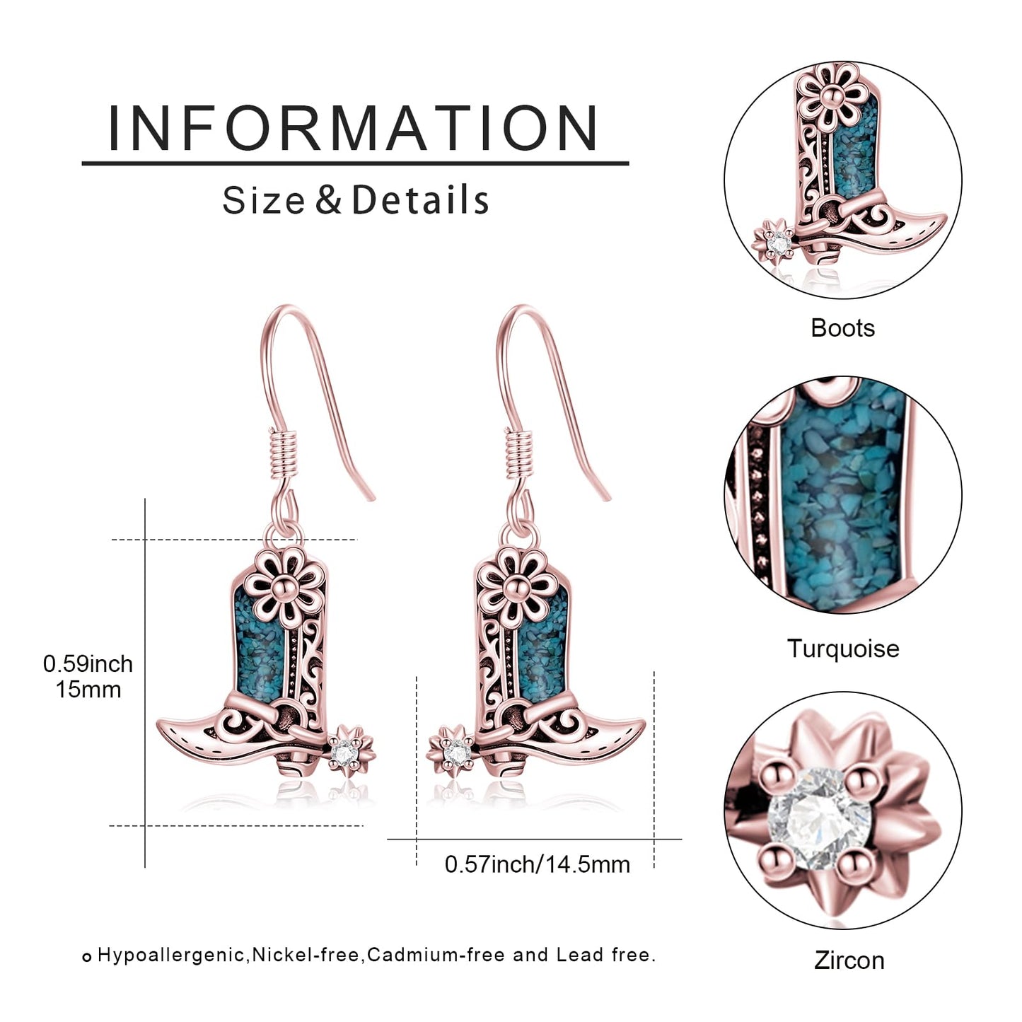 KoyeKei Rose Gold Cowboy Boot Earrings 925 Sterling Silver Pink Cowgirl Texas Boot Dangle Drop Earrings Western Turquoise Jewelry Country Gifts for Women