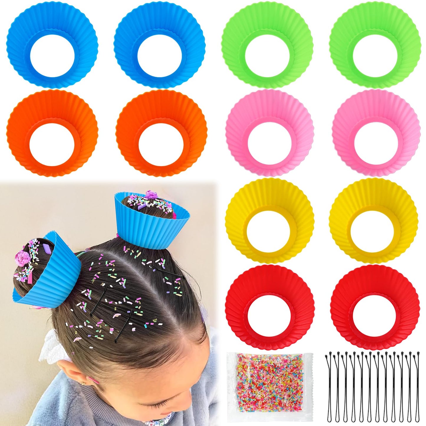 XANGNIER Hair Accessories Kits for Girls,Women,Kids,12 Pcs Cupcake Liners Hair Accessories Decorations for Crazy Day with 12 Clips and Silicone Decorative Granules