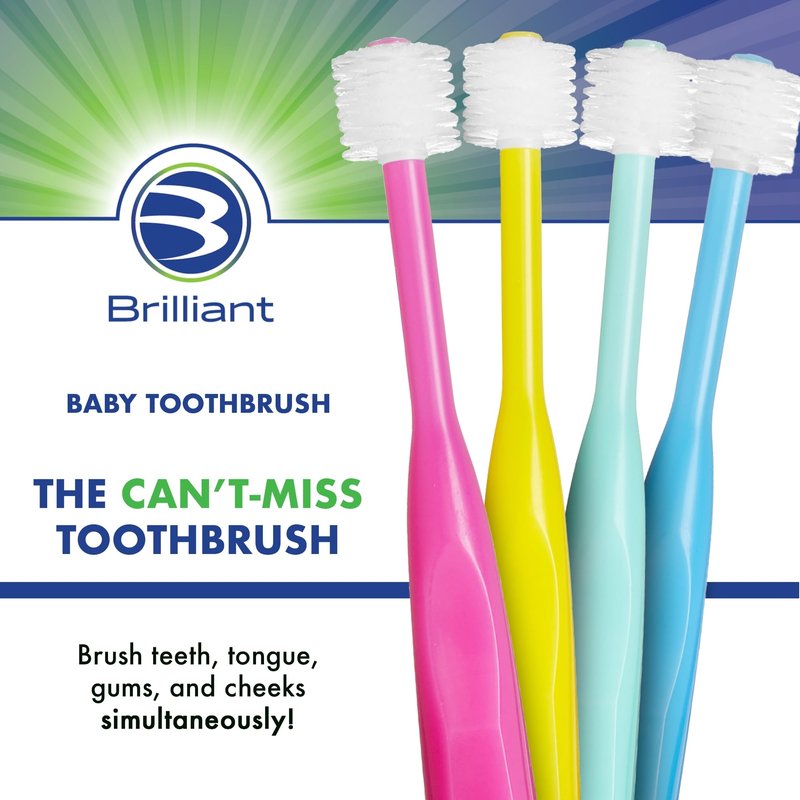 Brilliant Oral Care Baby Toothbrush with Soft Bristles and Round Head, for a Toddler Approved, Easy to Use All-Around Clean Mouth, 4-24 Months, When Front Teeth Appear, Blue Mint Yellow, 3 Pack