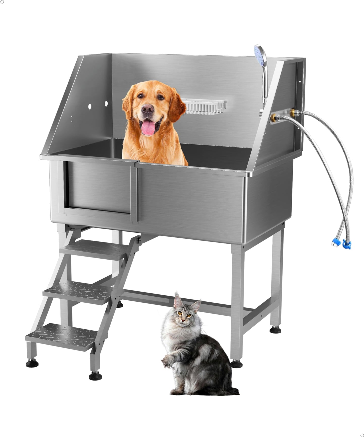 GAOMON 38" Dog Grooming Bathtub, Professional Stainless Steel Pet Dog Bathing Station for Medium,Small Pets, Left Door & Stairs with Faucet, Sprayer, Drain