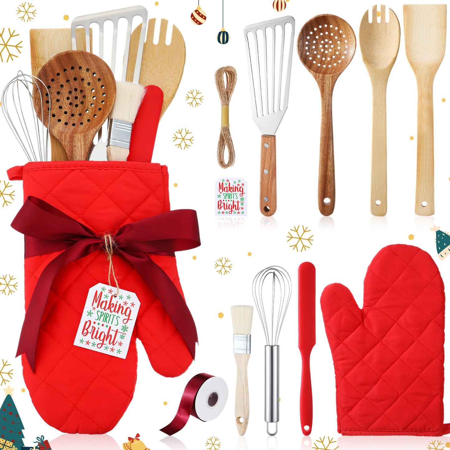 Roshtia 9 Pcs Christmas Kitchen Gift Set Christmas Red Oven Mitts Xmas Supplies with Scrapers Whisks Spatulas Colanders for Xmas Party Decor Friends Family Baking Lover Presents