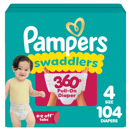 Pampers Diapers - Swaddlers 360° - Size 4, 104 Count, up to 100% Leakproof Comfy Dry Fit, Designed for Easy Changes, Pull On Baby Diaper (Packaging May Vary)