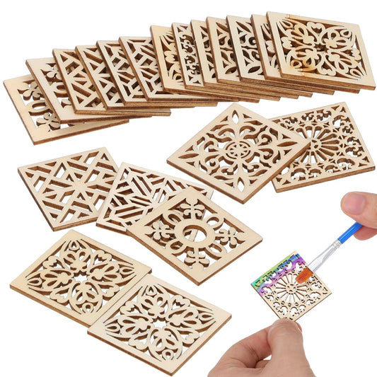 Abaodam 20pcs Unfinished Wooden Pieces Embellishments Boho Flower Wood Cutouts Shapes Wooden Craft Tags with Hemp Rope for DIY Crafts Scrapbooking Card Making Sewing 40MM