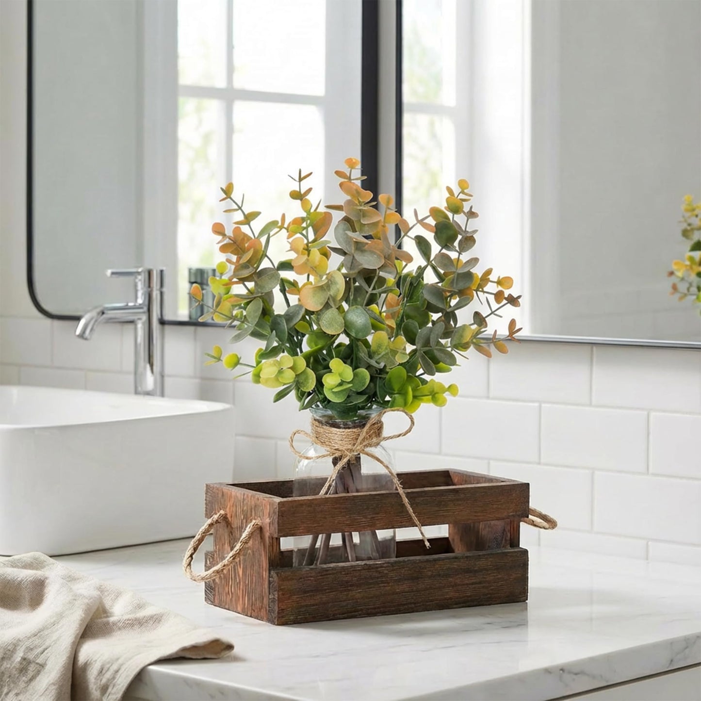 Fawairyc Artificial Eucalyptus Stems in Glass Vase with Faux Water,Combined with Wood Tray Centerpiece Table Decoration,11" Fake Plant with Orange-Green Leaves for Home Decor