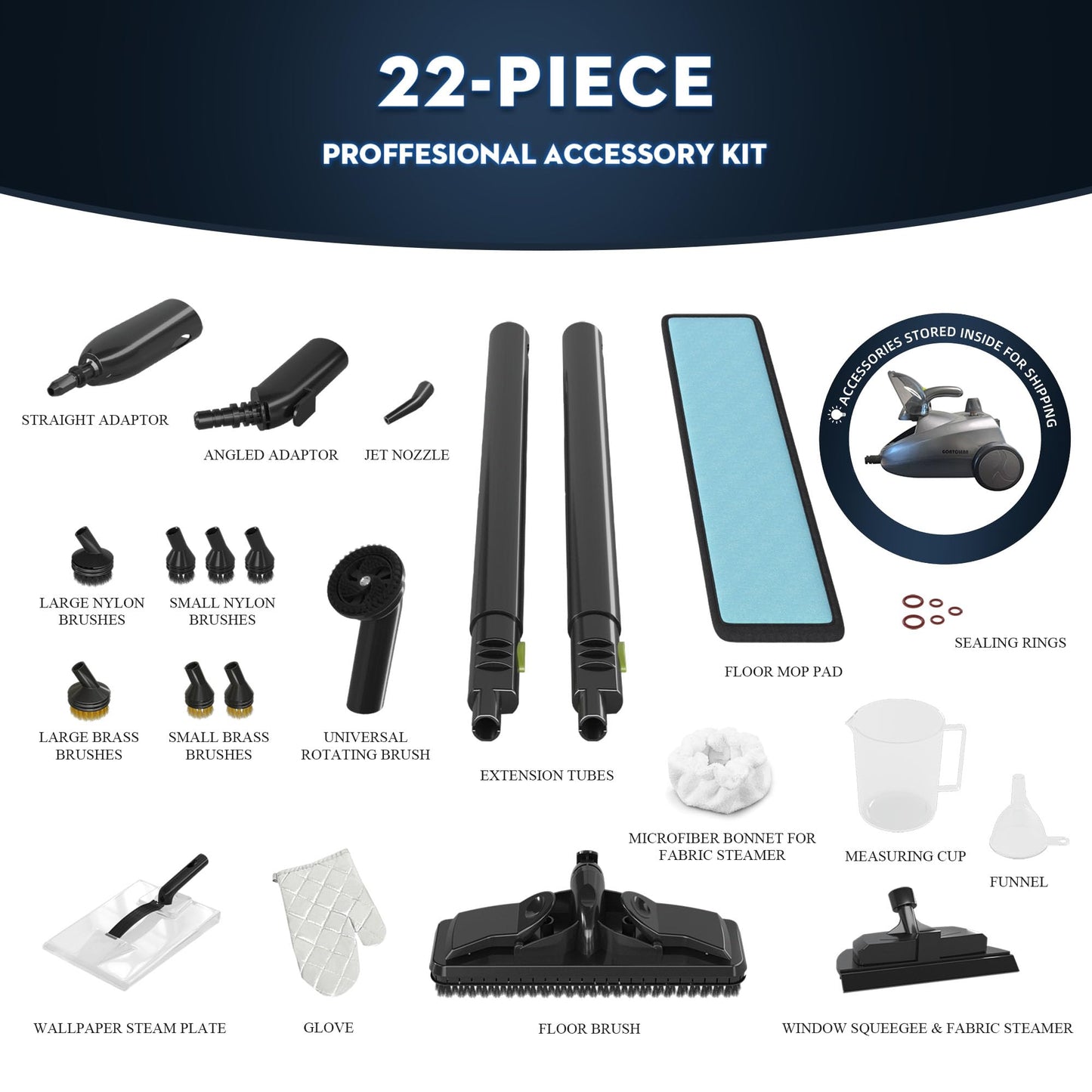 GOATCLEAN Heavy-Duty Steam Cleaner - 1500W Multipurpose Handheld Floor Steamer with 22 Accessories 16ft Cord for Home, Car Detailing, Tile, Grout, Carpet, Wallpaper, Upholstery, Window, Deep Cleaning