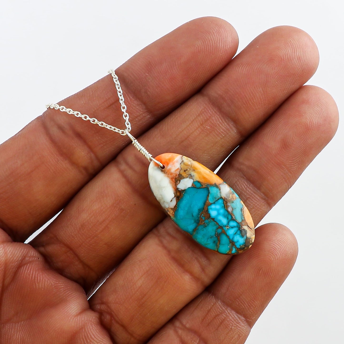 Yashee Natural Turquoise Oval Shape Crystals Pendant Necklace, Chakra Energy Healing Gemstone, Real Crystal, Top Grade, Beautiful Women Simple Jewelry, Dainty Silver Plated Jewelry 18 inch