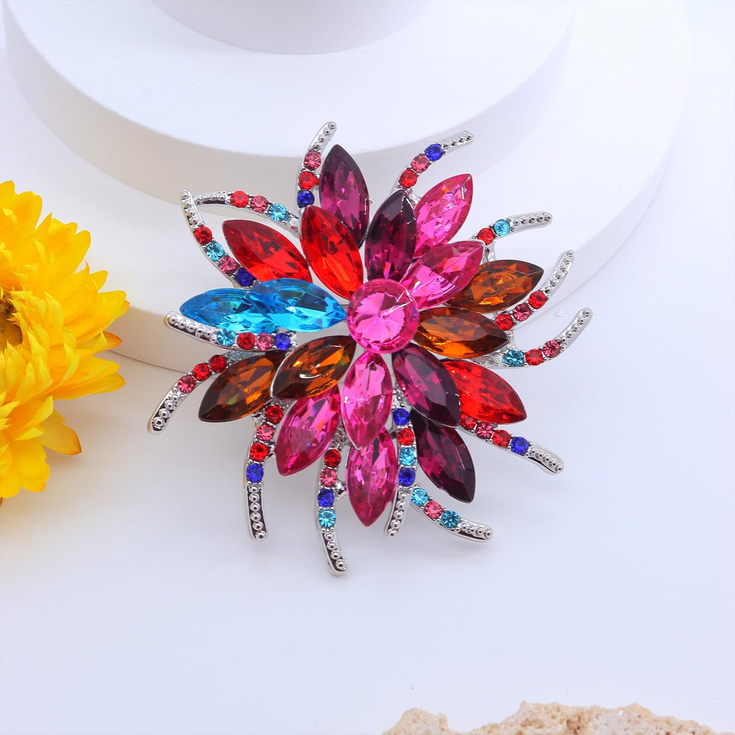 Rhinestone Large Flower Brooches Pins for Women Fashion Sparkly Crystal Sunflower Statement Brooch Unique Wedding Party Suit Dress Jewelry Accessories(Colourful)