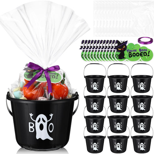 AceOrbit 12 Set Halloween You've Been Booed Kit 9.06 x 9.06 x 3.94 in Boo Candy Buckets with Handle for Kid You've Been Booed Tags Ribbon for Halloween Boo Gift Trick or Treat Party Supplies