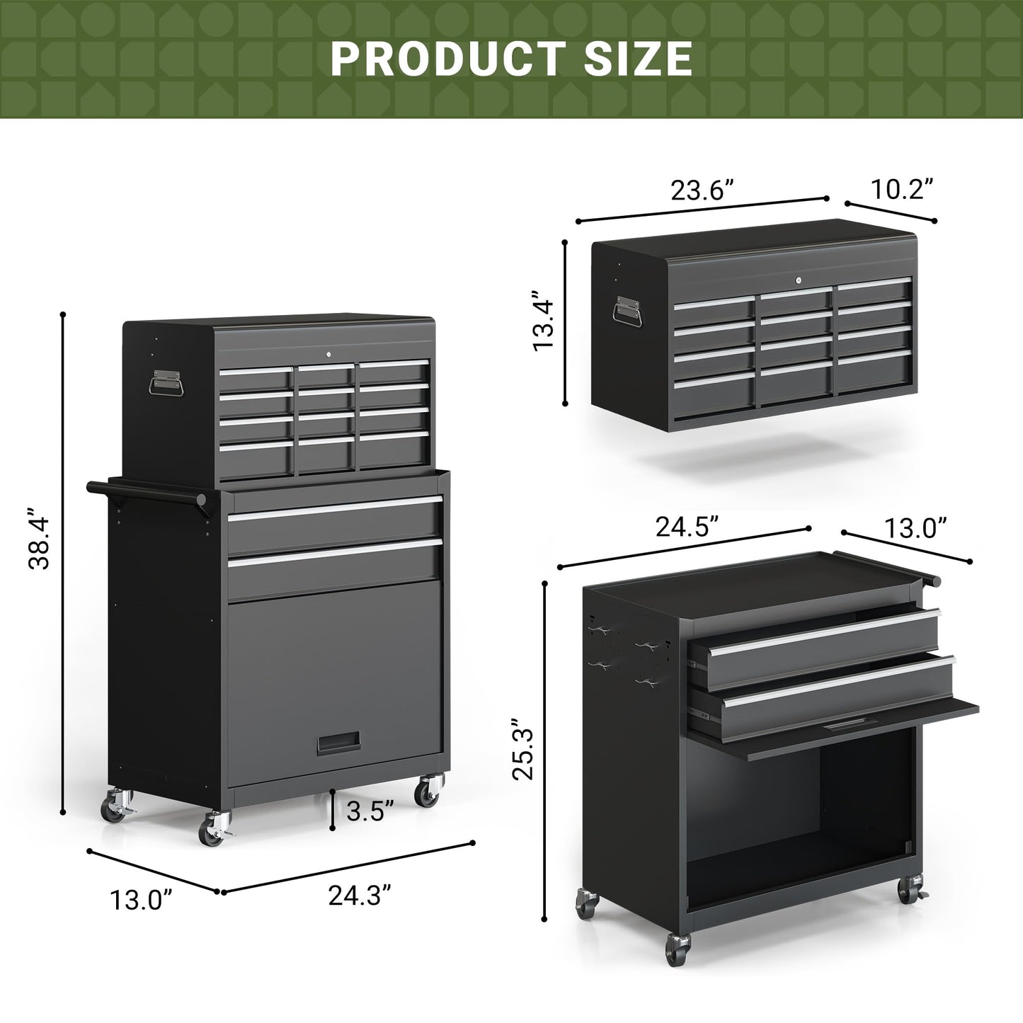 VIWAT Tool Chest, 8-Drawer Rolling Tool Storage Cabinet with Enhanced Packaging, Detachable Top Tool Box, Metal Tool Cart with Hooks and Liners, for Garage, Workshop, Black