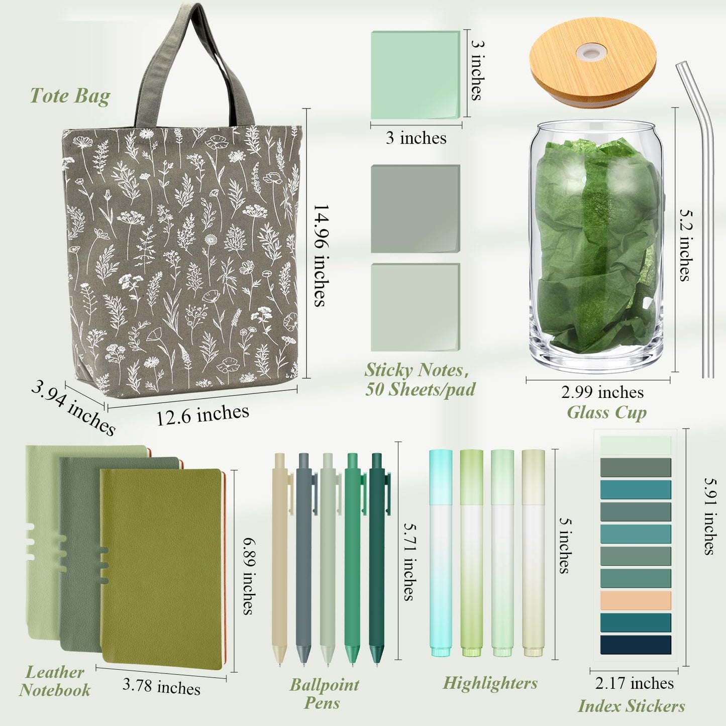 Yiyiring 18 Pcs Sage Green Office School Study Supplies Aesthetic Stationery Set Glass Cup Canvas Tote Bag A6 Leather Journal Notebook Green Sticky Notes for Women Book Lover Librarian Graduation Gift