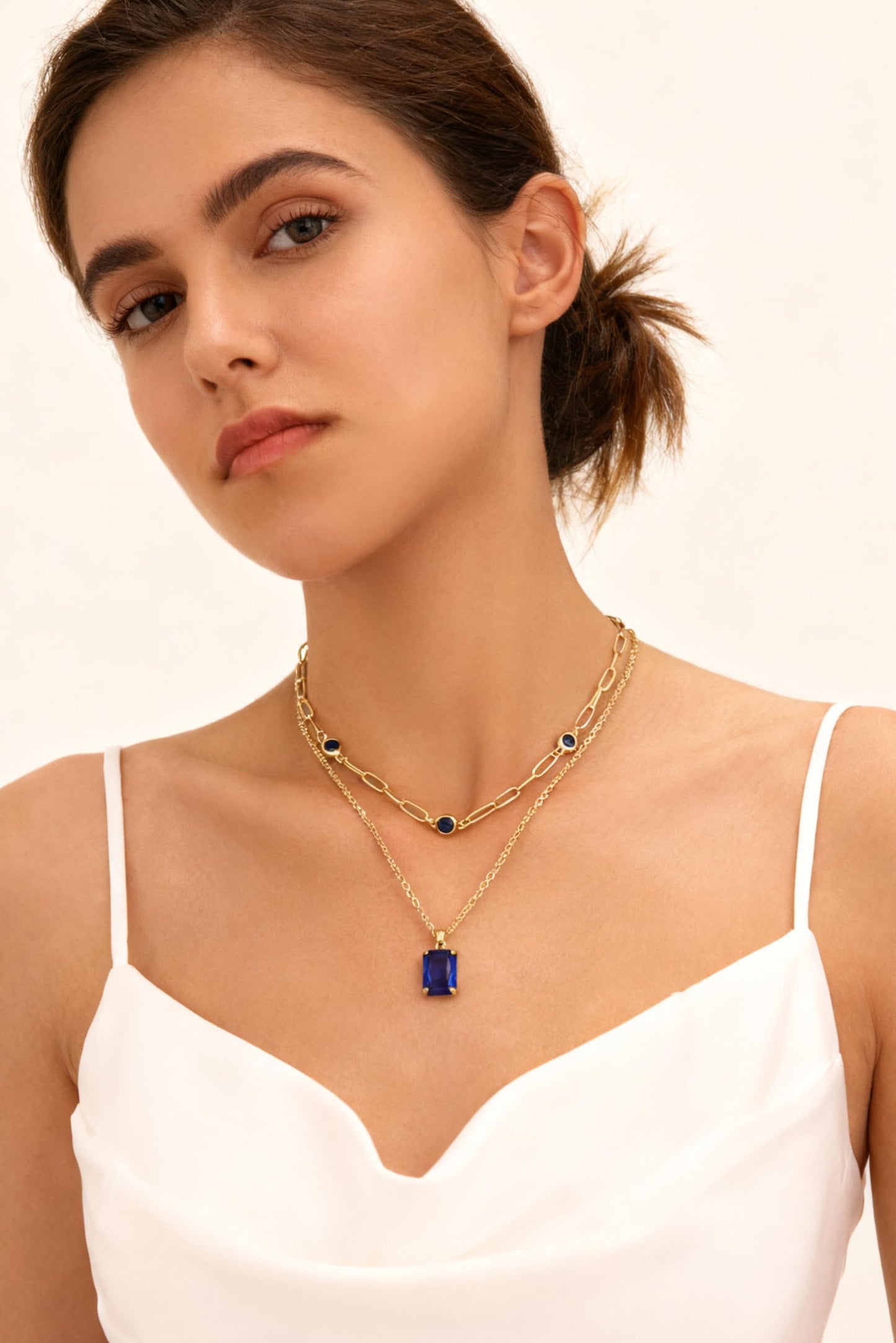 VANGETIMI Blue and Gold Layered Pendant Necklaces for Women 14k Gold Plated Crystal Choker Necklace Paperclip Rhinestone Necklace Party Prom Jewelry